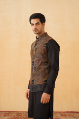 Black Tan Abstract Jacquard Jacket with Kurta & Pant