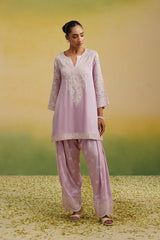 full view of  light pink Aari embroidered farshi salwar set 