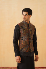 Black Tan Abstract Jacquard Jacket with Kurta & Pant