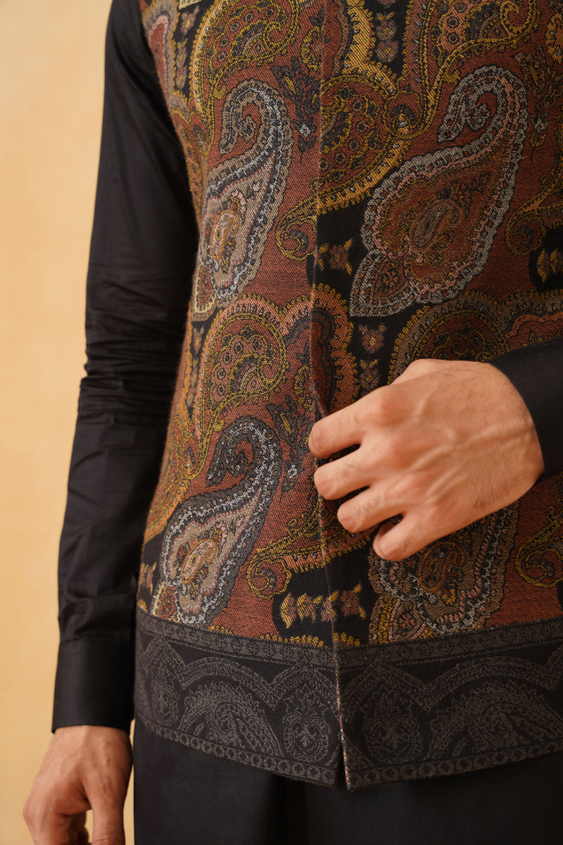 Black Tan Abstract Jacquard Jacket with Kurta & Pant