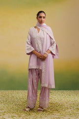 Woman wearing light pink Aari embroidered farshi salwar set with dupatta