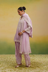 Side view of  light pink Aari embroidered farshi salwar set with dupatta