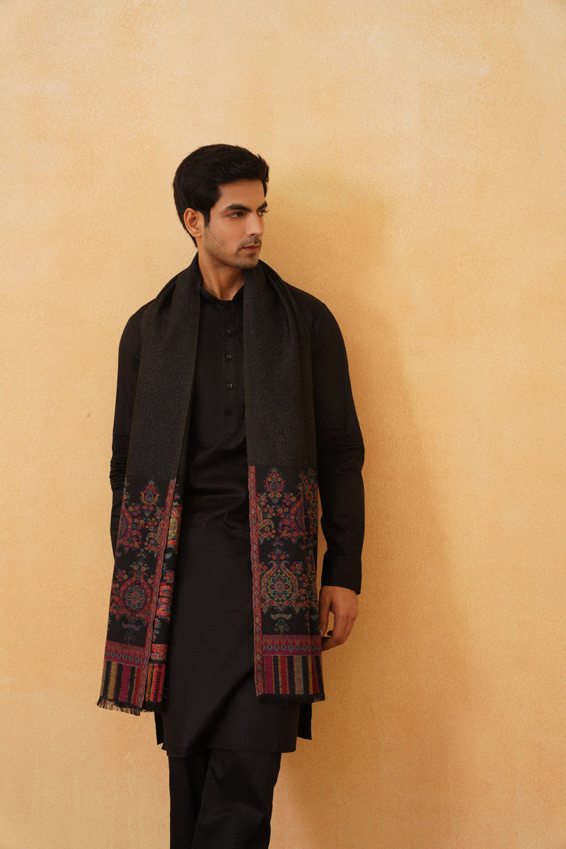 Black Classic Motif Shawl for Men- Inchingindia