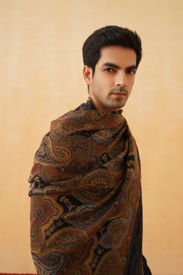 Black Tan Woven Shawl for Men