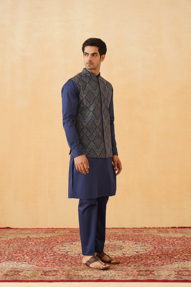 Blue Embroidered Paisley Jacket with Kurta & Pant