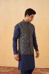 Blue Embroidered Paisley Jacket with Kurta & Pant