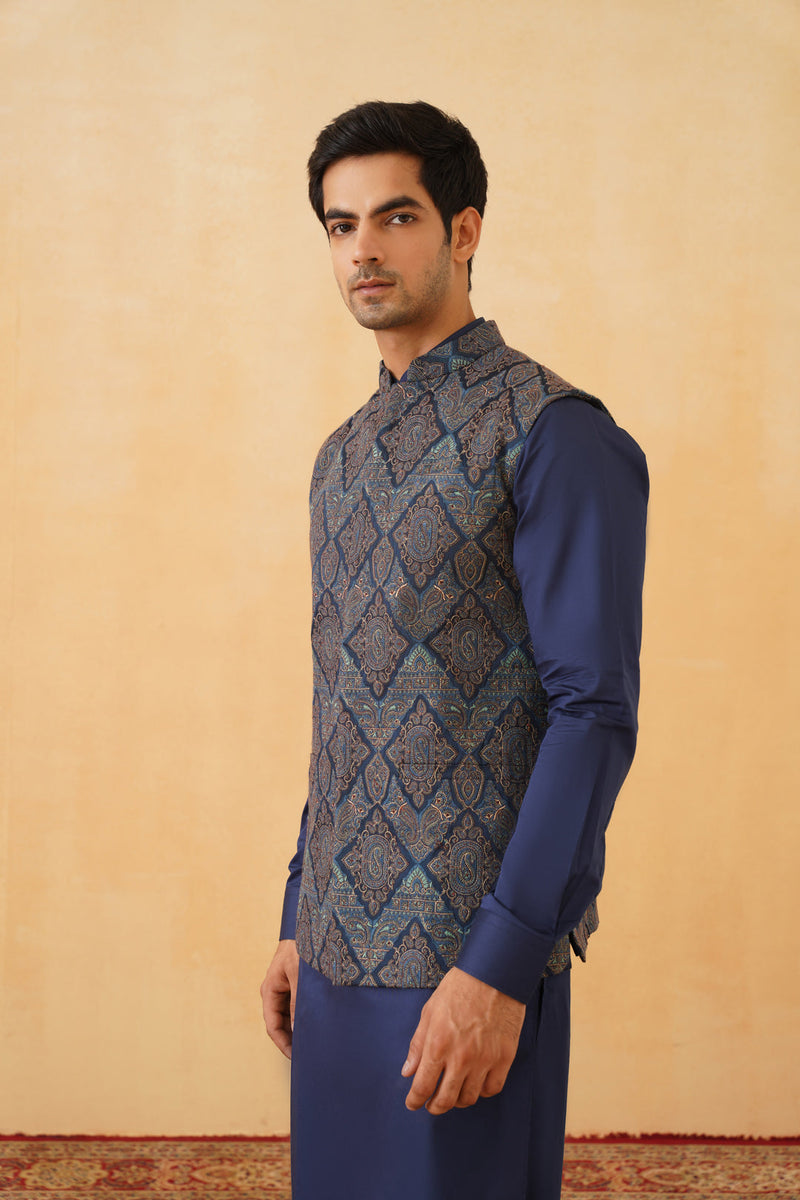 Blue Embroidered Paisley Jacket with Kurta & Pant