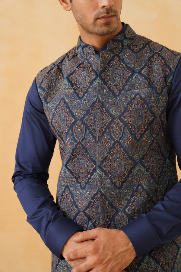 Blue Embroidered Paisley Jacket with Kurta & Pant