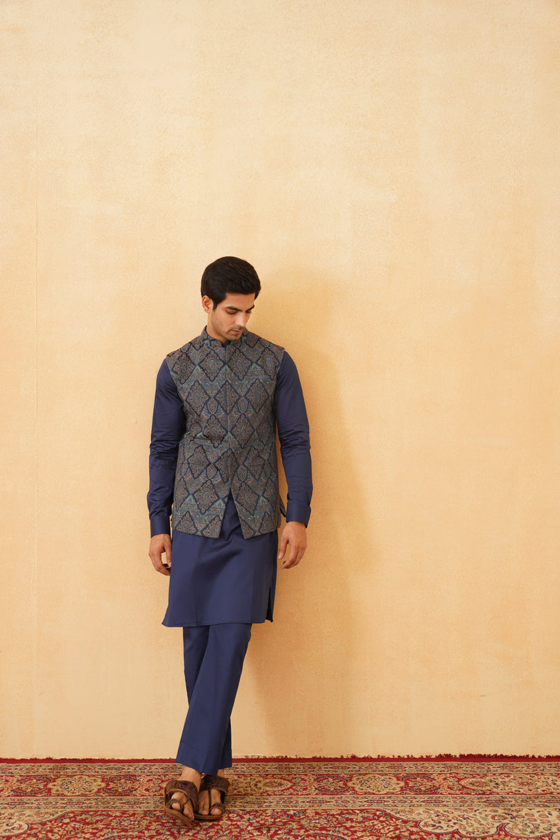 Blue Embroidered Paisley Jacket with Kurta & Pant