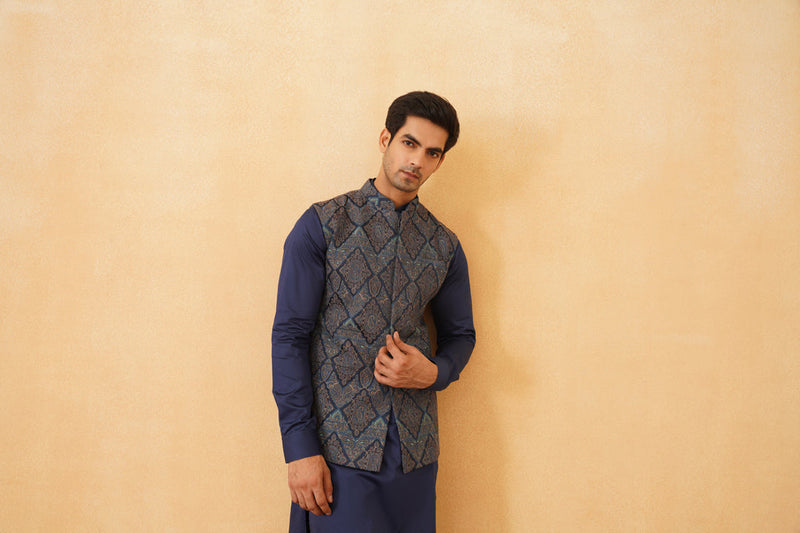 Blue Embroidered Paisley Jacket with Kurta & Pant