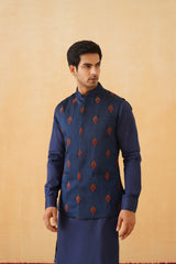 Blue Embroidered Motif Jacket with Kurta & Pant