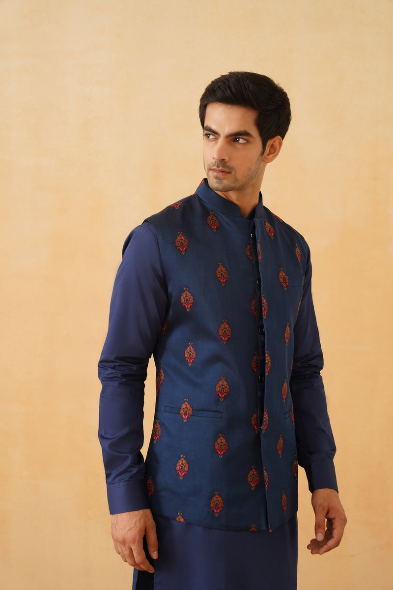 Blue Embroidered Motif Jacket with Kurta & Pant