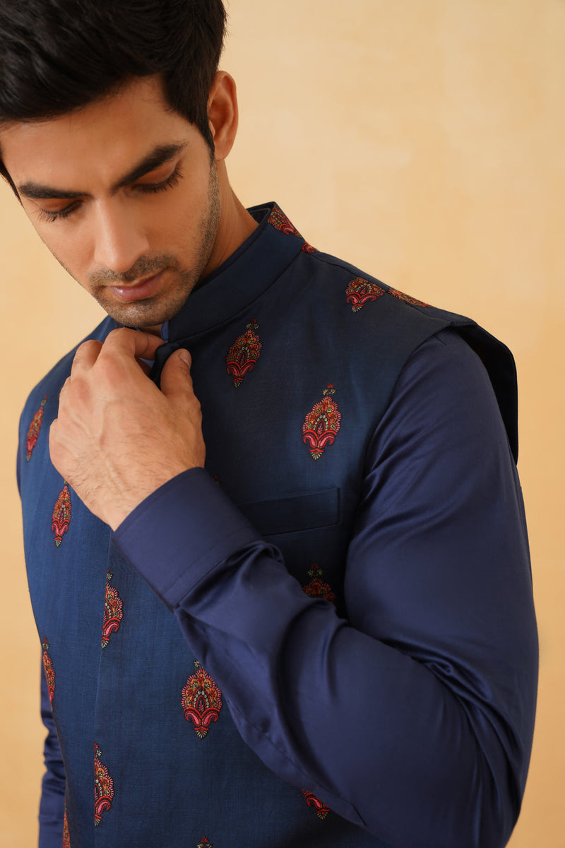 Blue Embroidered Motif Jacket with Kurta & Pant