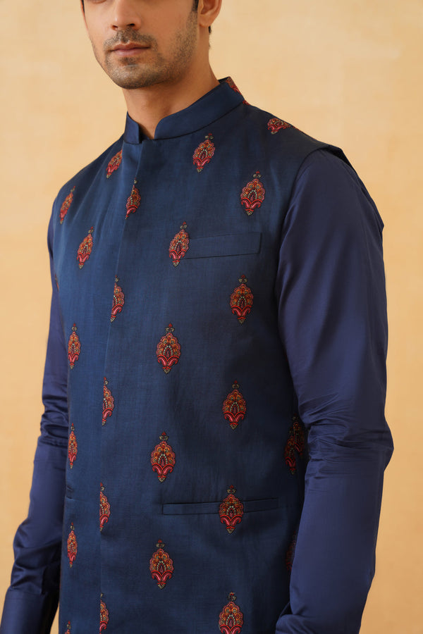 Blue Embroidered Motif Jacket with Kurta & Pant