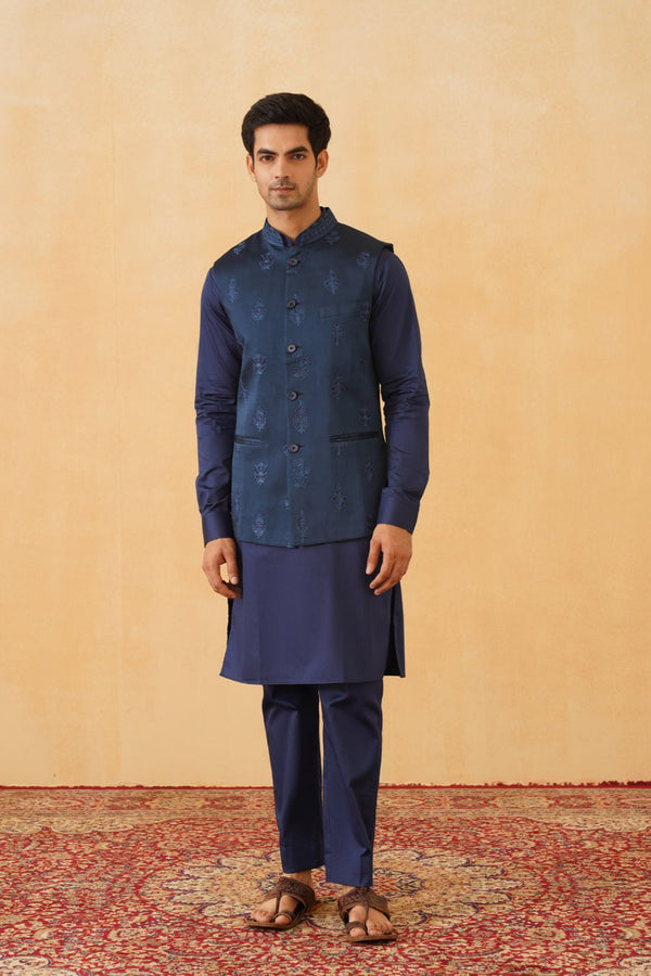 Blue Embroidered Self Jacket with Kurta & Pant