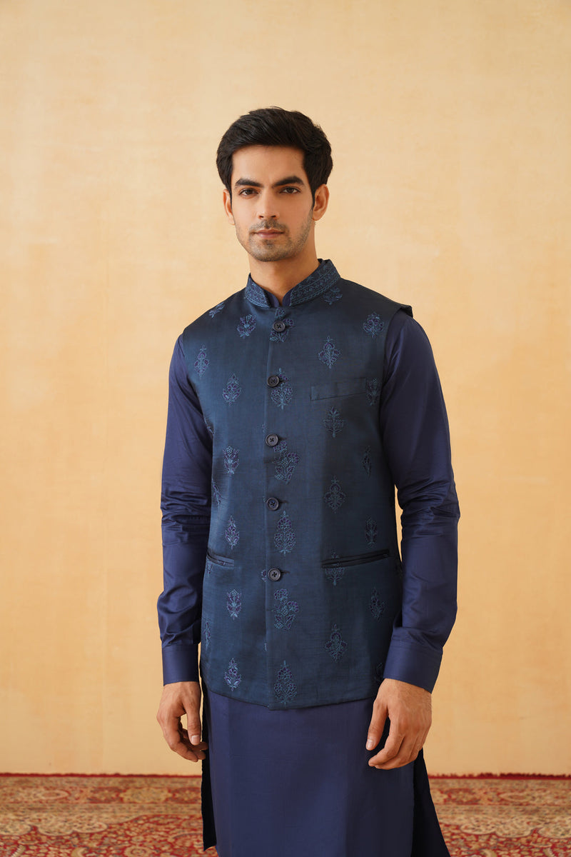 Blue Embroidered Self Jacket with Kurta & Pant