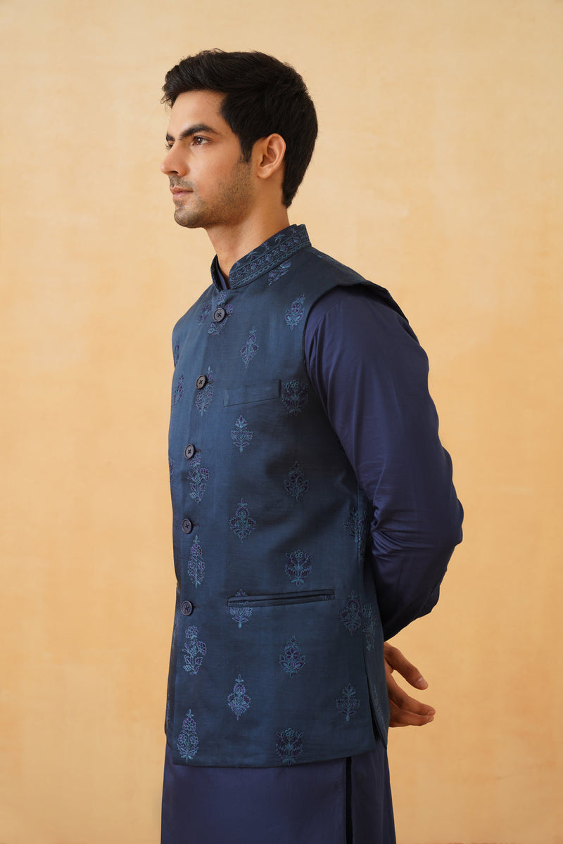 Blue Embroidered Self Jacket with Kurta & Pant