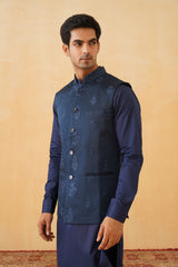 Blue Embroidered Self Jacket with Kurta & Pant