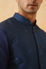 Blue Embroidered Self Jacket with Kurta & Pant