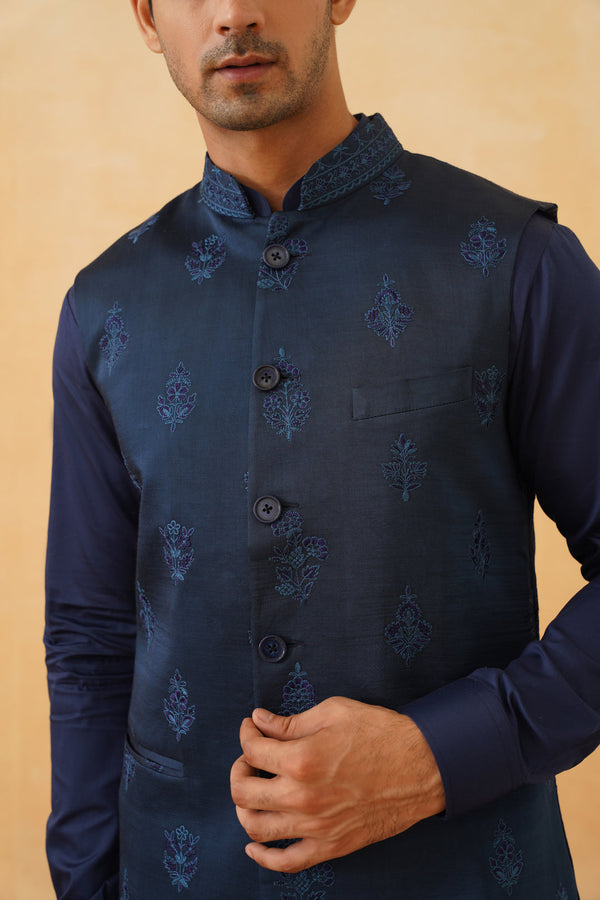 Blue Embroidered Self Jacket with Kurta & Pant