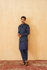 Blue Embroidered Self Jacket with Kurta & Pant