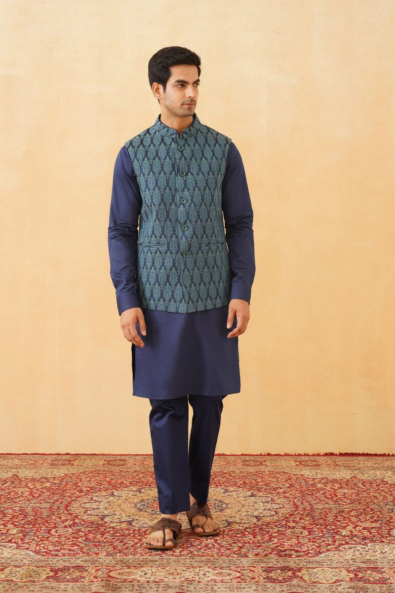 Blue Embroidered Classic Jacket with Kurta & Pant