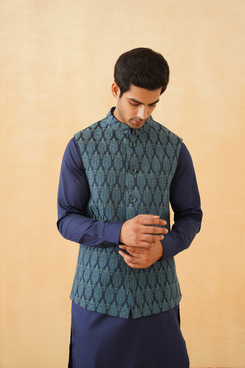 Blue Embroidered Classic Jacket with Kurta & Pant