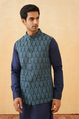 Blue Embroidered Classic Jacket with Kurta & Pant