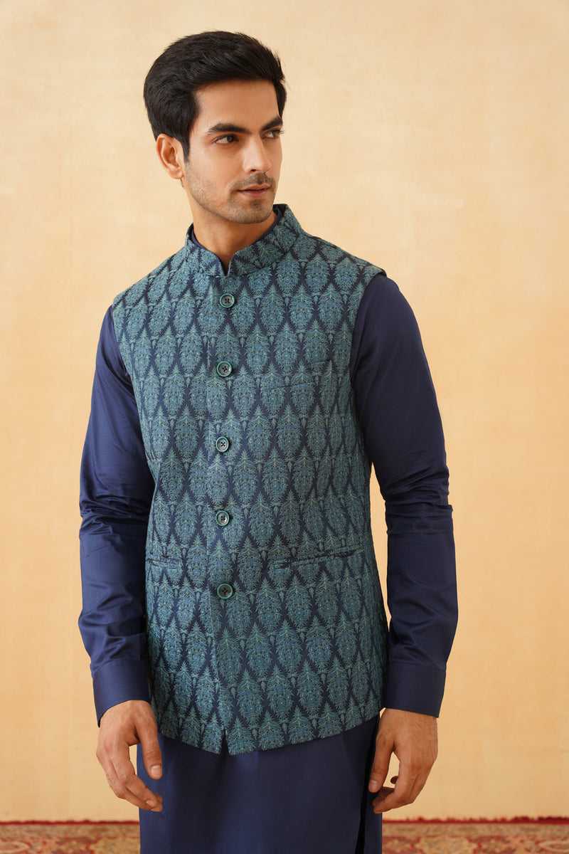 Blue Embroidered Classic Jacket with Kurta & Pant