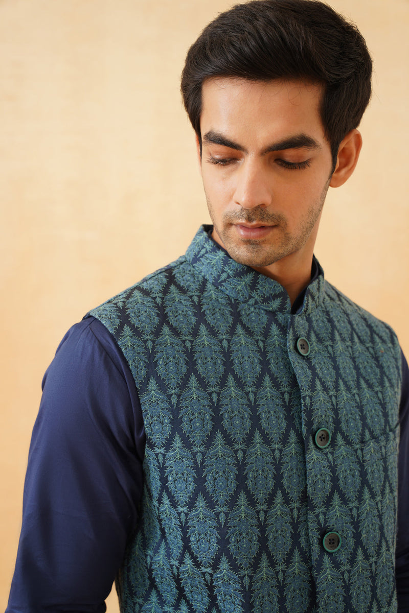 Blue Embroidered Classic Jacket with Kurta & Pant