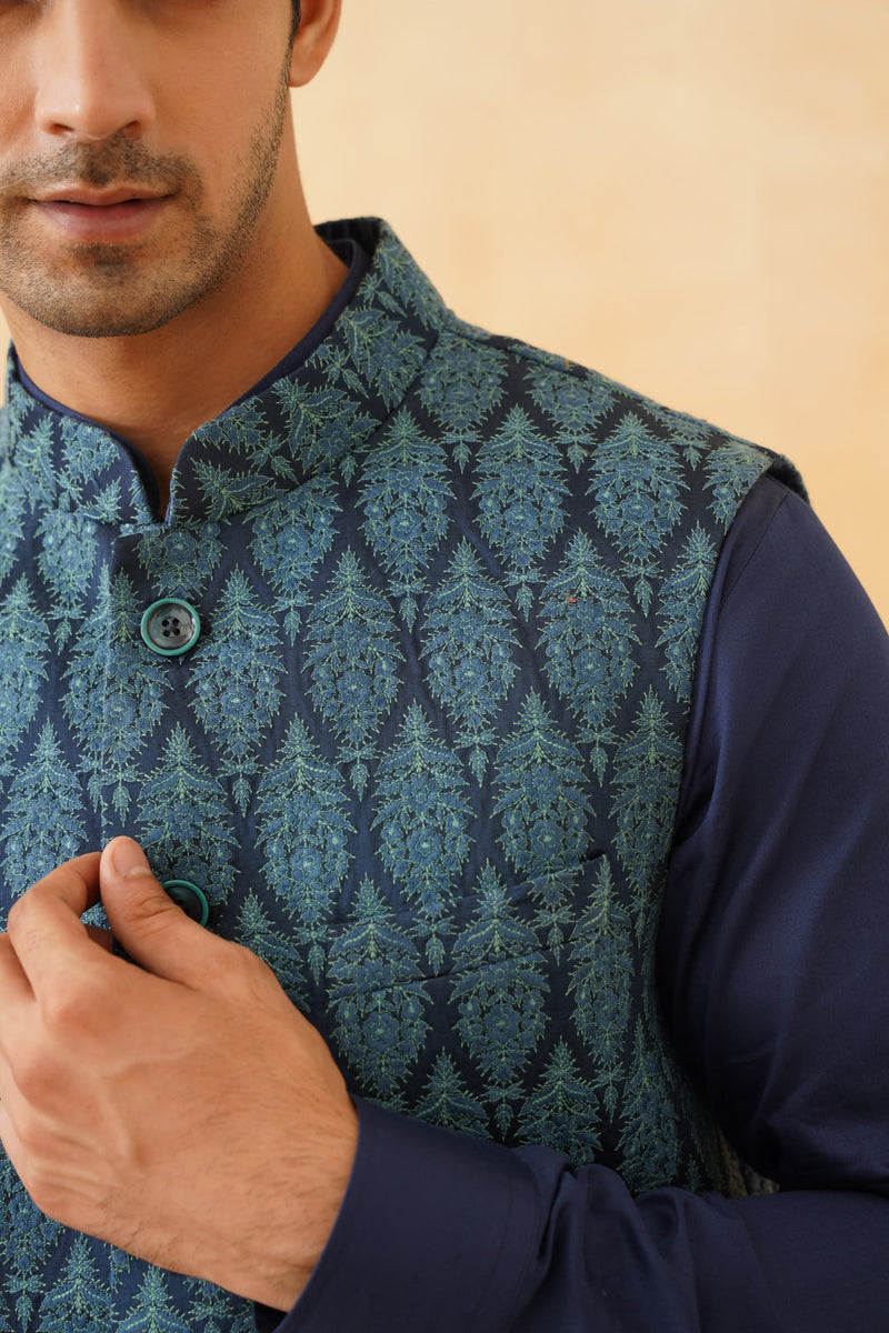 Blue Embroidered Classic Jacket with Kurta & Pant