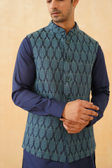 Blue Embroidered Classic Jacket with Kurta & Pant