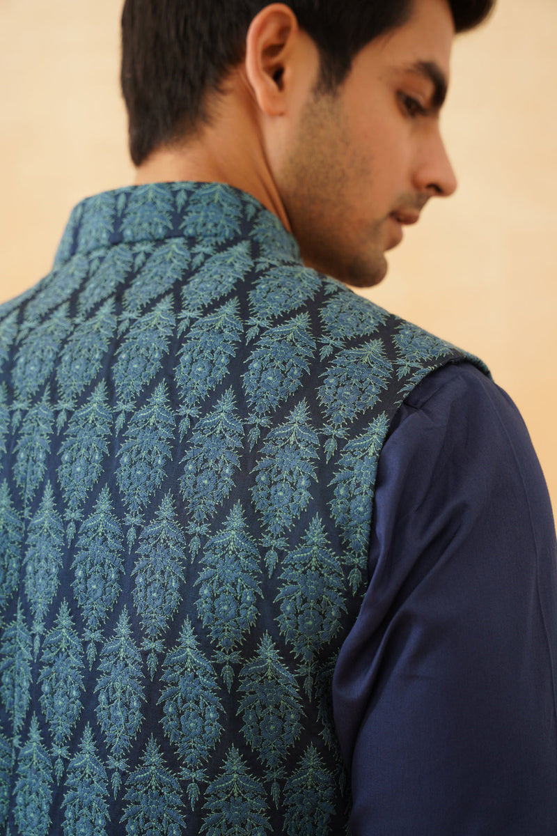 Blue Embroidered Classic Jacket with Kurta & Pant