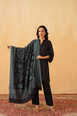 Navy Jamawar wool shawl styled elegantly for festive occasions