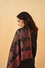 Close-up of black classic motif pattern on women's wool shawl