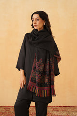 Black wool shawl styled elegantly for festive occasions