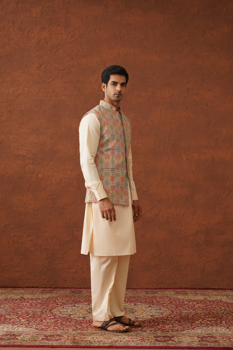 Cream Embroidered Regal Jacket with Kurta & Pant