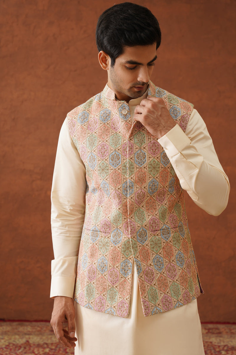 Cream Embroidered Regal Jacket with Kurta & Pant