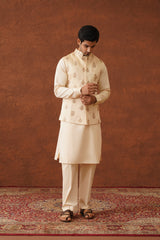 Cream Embroidered Self Jacket with Kurta & Pant