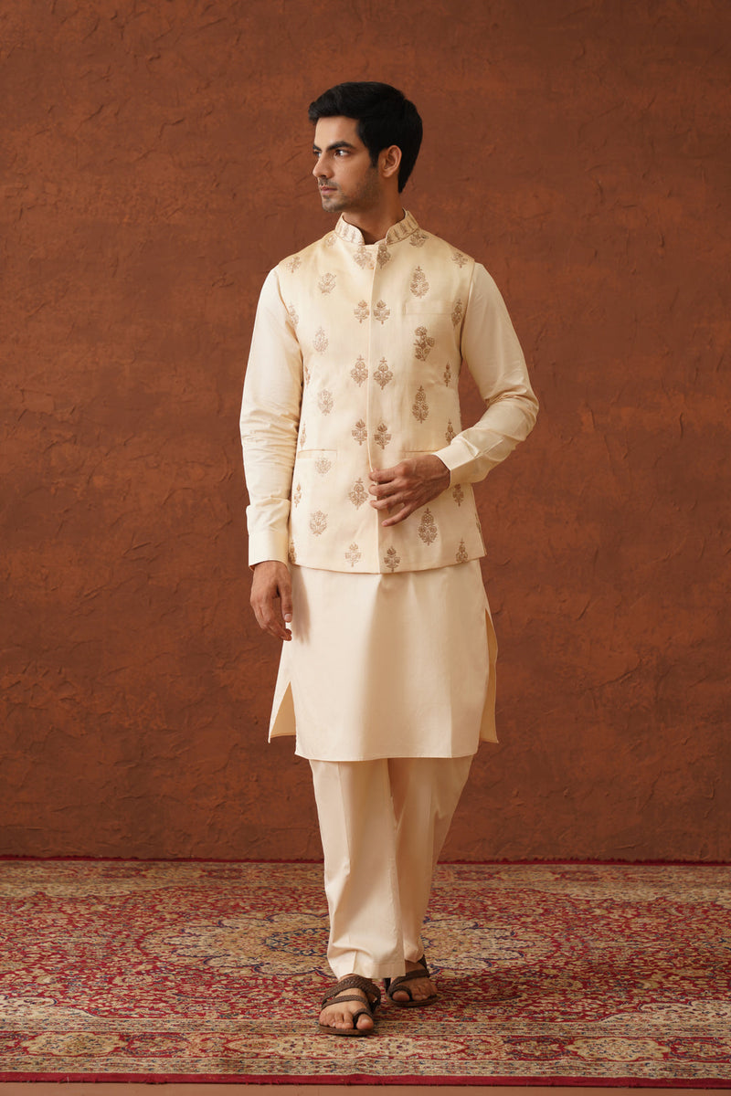 Cream Embroidered Self Jacket with Kurta & Pant