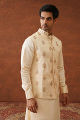 Cream Embroidered Self Jacket with Kurta & Pant