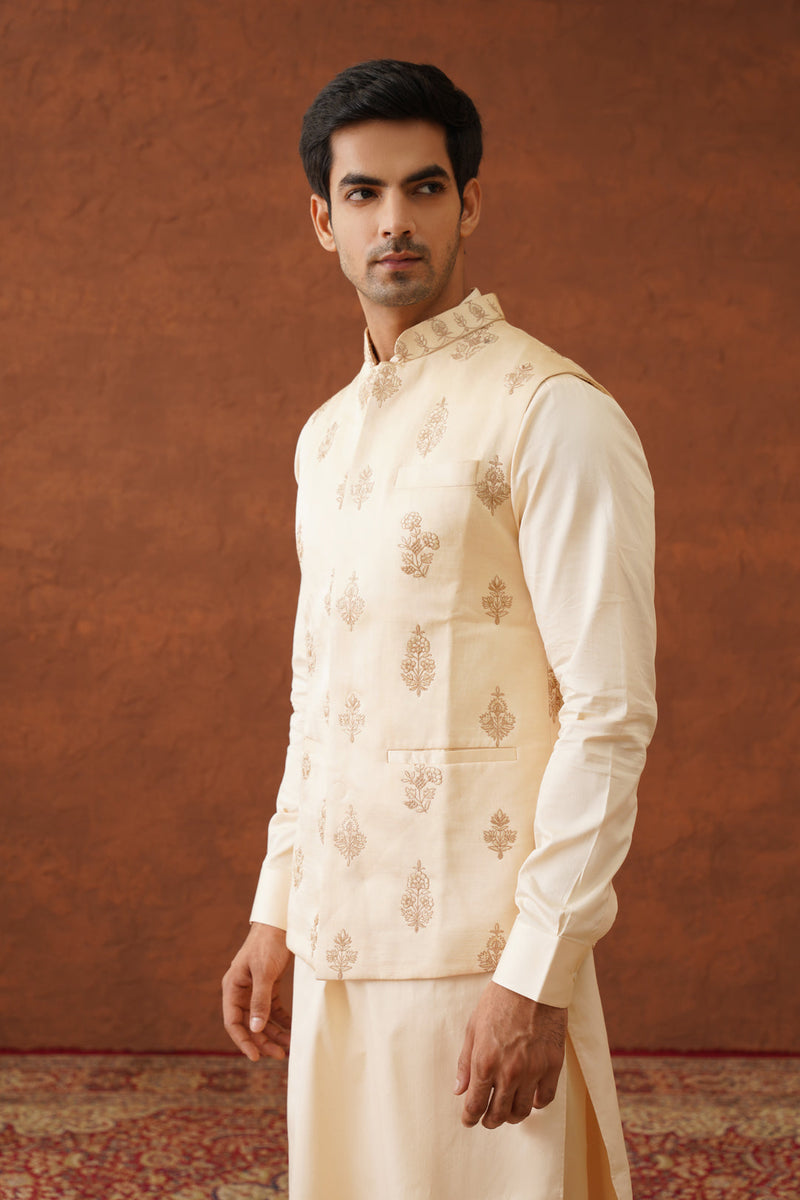 Cream Embroidered Self Jacket with Kurta & Pant