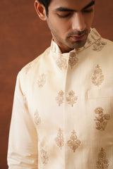 Cream Embroidered Self Jacket with Kurta & Pant