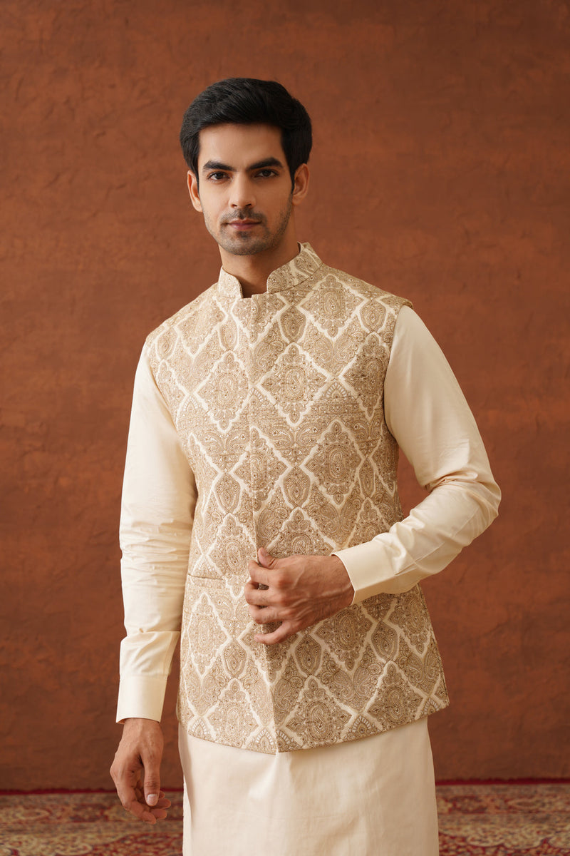 Cream Embroidered Paisley Jacket with Kurta & Pant