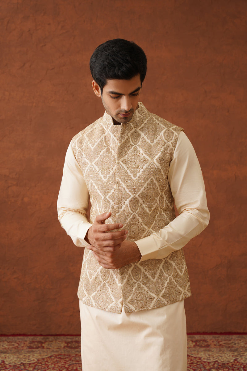 Cream Embroidered Paisley Jacket with Kurta & Pant