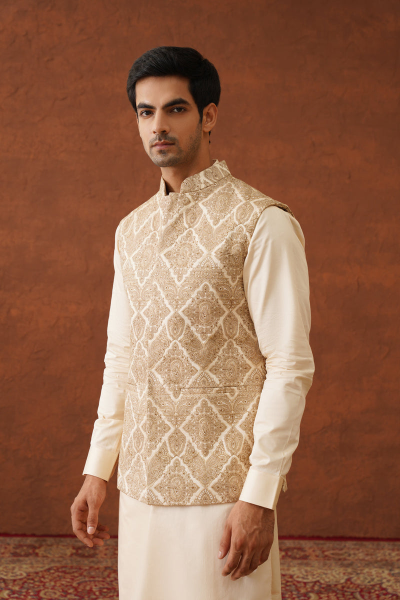 Cream Embroidered Paisley Jacket with Kurta & Pant