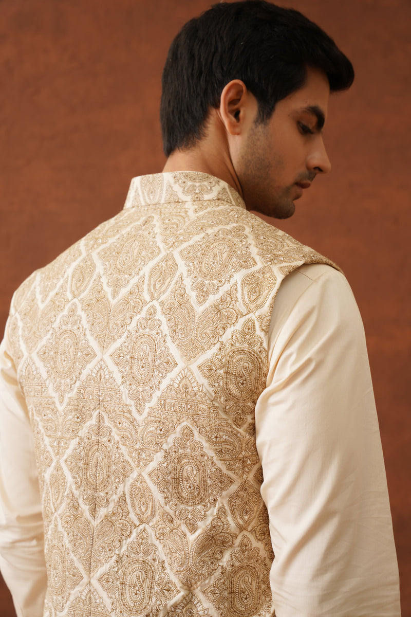 Cream Embroidered Paisley Jacket with Kurta & Pant