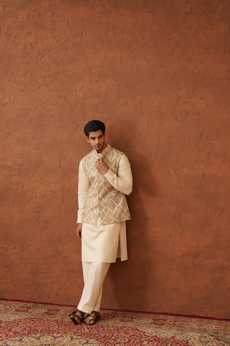 Cream Embroidered Paisley Jacket with Kurta & Pant