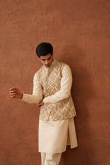 Cream Embroidered Paisley Jacket with Kurta & Pant