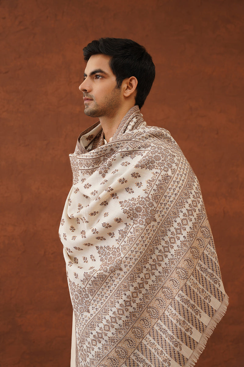 Ethnic Motif Cream Shawl for Men